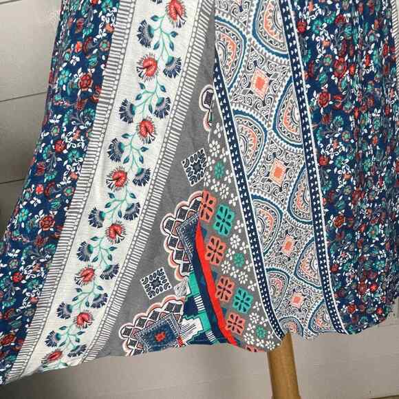 Blush Dress Womens Small Blue Mini Sleeveless V Neck Floral Aztec Fringe Casual - Picture 10 of 10